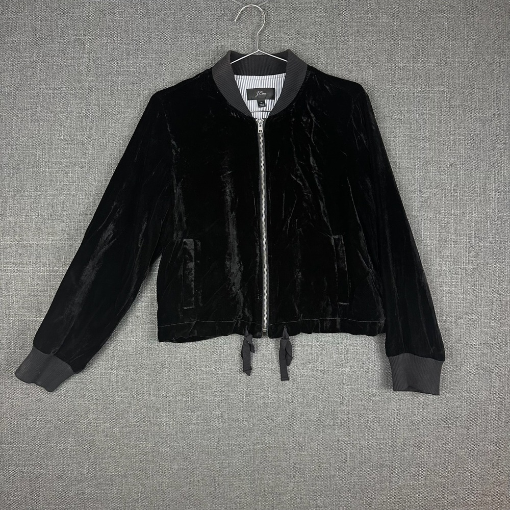 J.Crew‎ Velvet Bomber Jacket Black Ribbed Trim Drawstring Waist Casual Medium